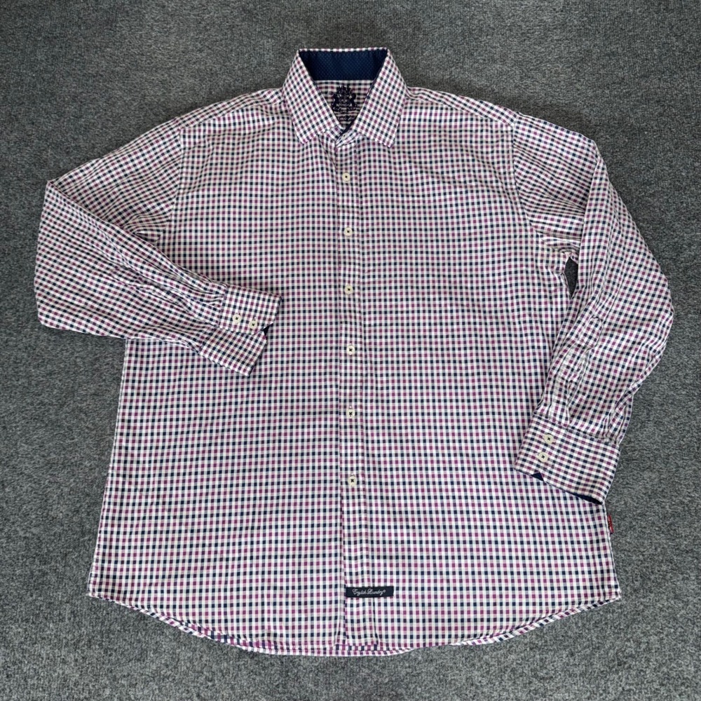 English Laundry Mens 17 34/35 Gingham Button Down Shirt Purple Blue Cotton